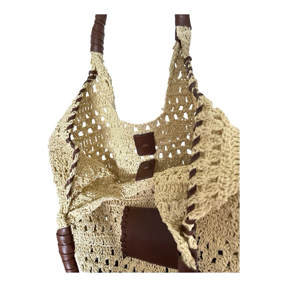 BCBGMAXAZRIA Woven Raffia Tote Bag in Natural/Cognac. - Picture 8 of 12